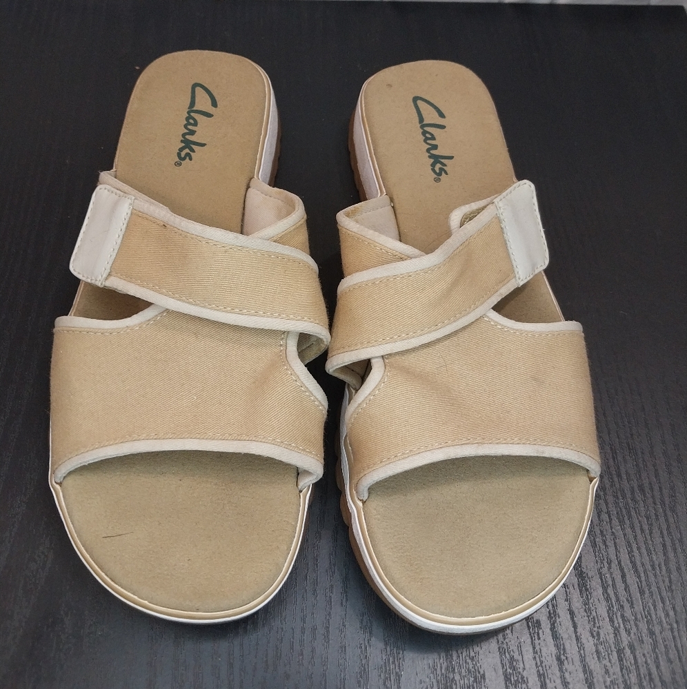 Clarks Beige Canvas Slide Sandals